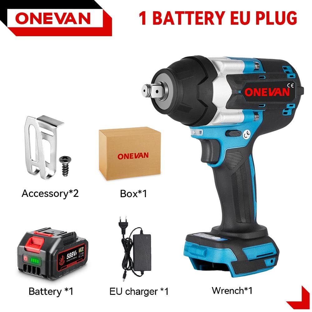 ONEVAN Torque Brushless Electric Impact Wrench 1/2 inch Screwdriver Cordless Wrench Power Tools For Makita 18V Battery 1 Battery Set