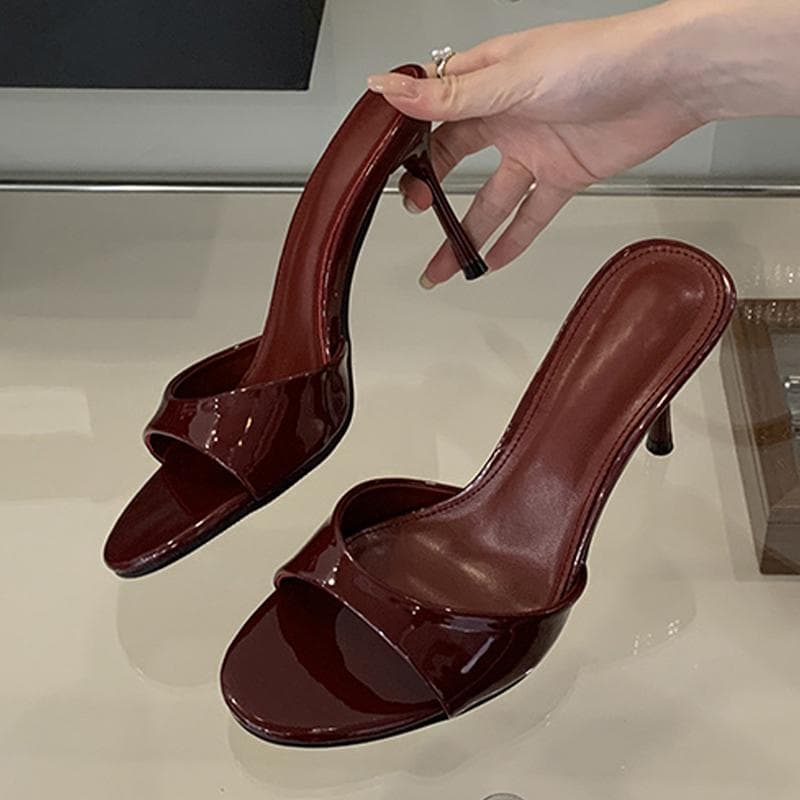 Wine Red Patent Leather Women Slippers Sandals Fashion Round Open Toe Thin High Heels Mules Slides Summer Party Dress Shoe 39 wine red