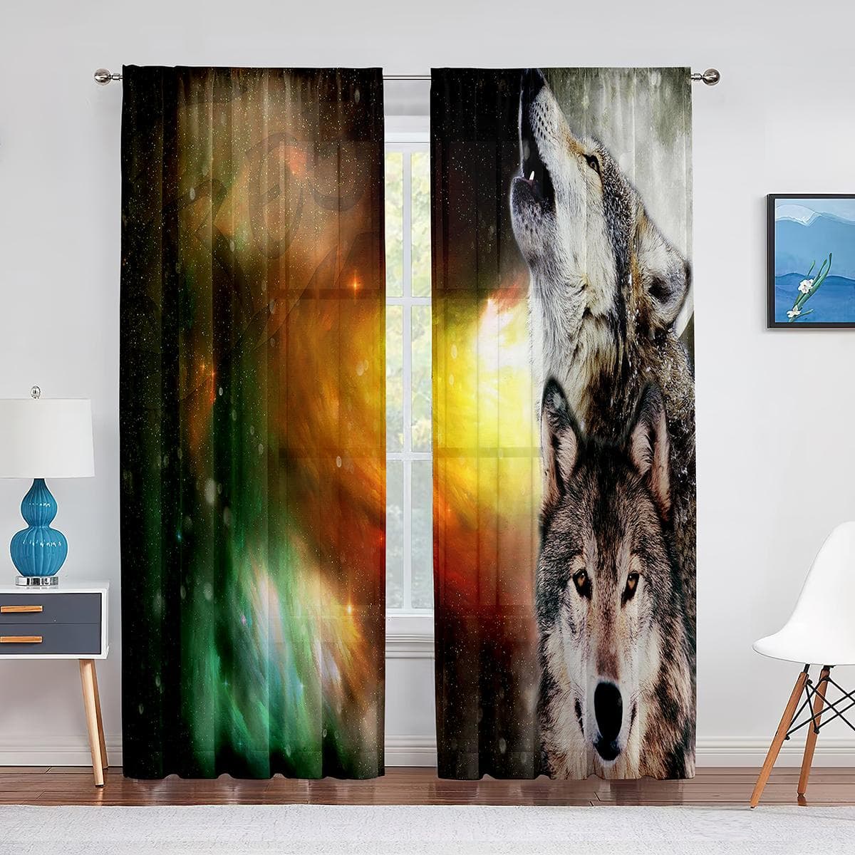Pack of Wolves In Winter Forest Fantasy Tulle Curtains for Living Room Bedroom Chiffon Sheer Voile Kitchen Window Curtain Drapes 1 PCS W100XH250cm&Grommet Top