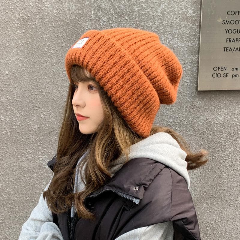 Japanese Wool Hat Female Autumn and Winter Knitted Hat Warm Ear Protection Big Head Loose Pile Hat orange