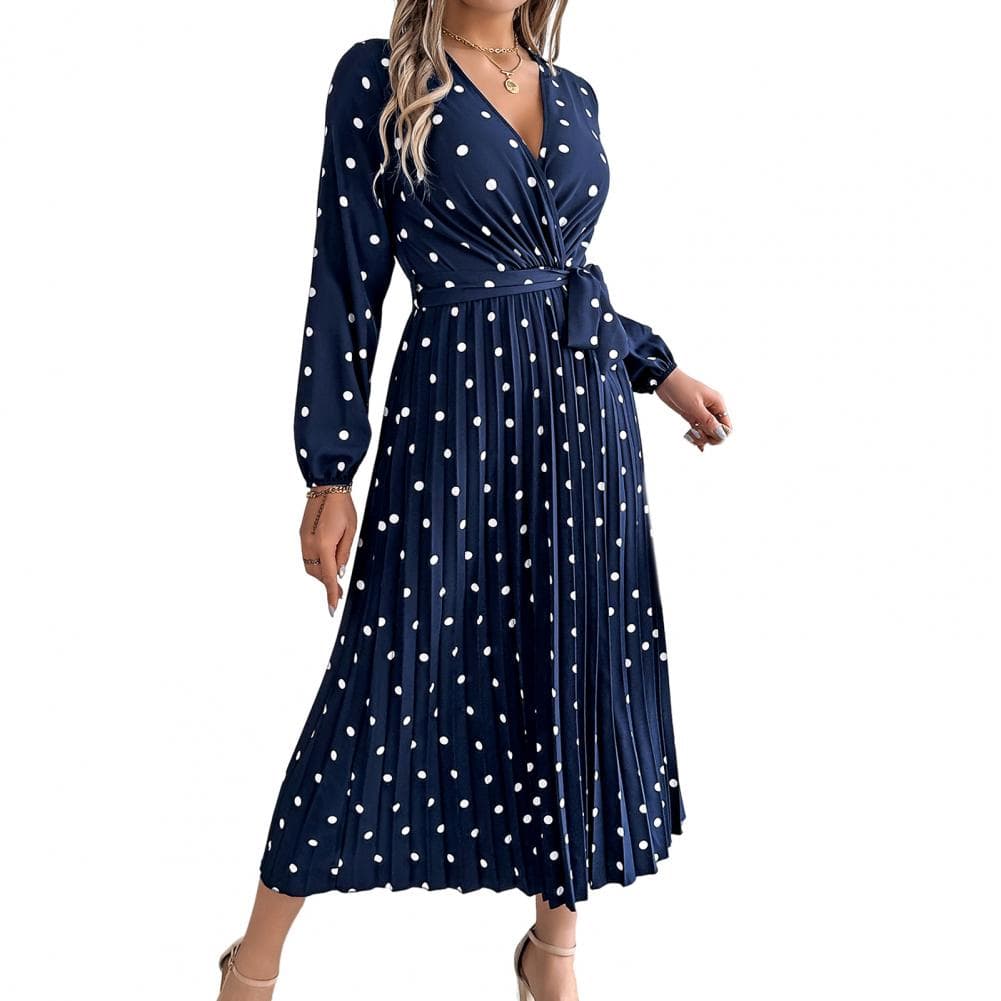 Women's Long Sleeve Dress V-Neck Polka Dot Dress with Tie Waist Long Pleated Dress for Office Parties Date S