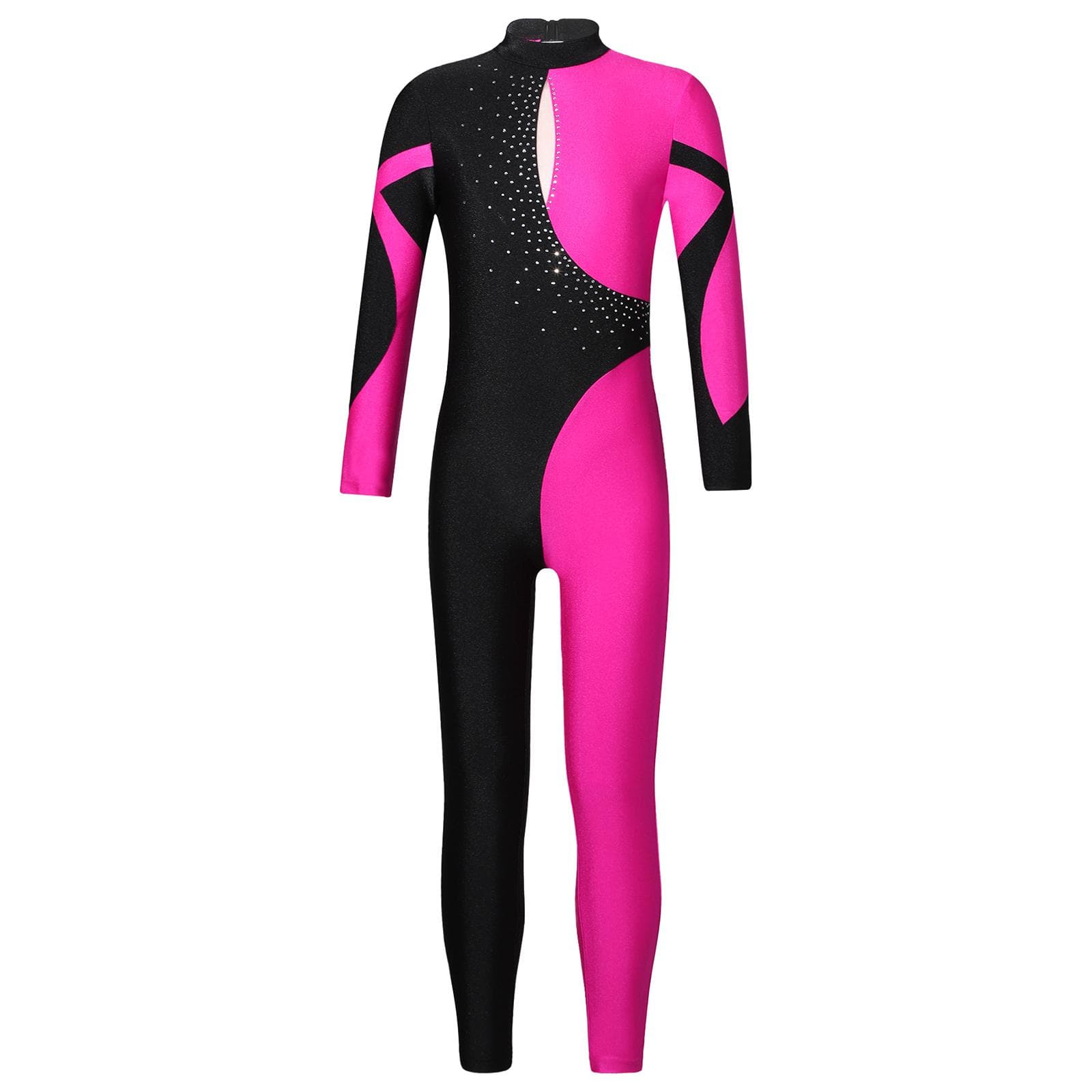 Girls Dance Jumpsuit Long Sleeve Stand Collar Shiny Rhinestone Hollow Back 7-8 Years hot pink