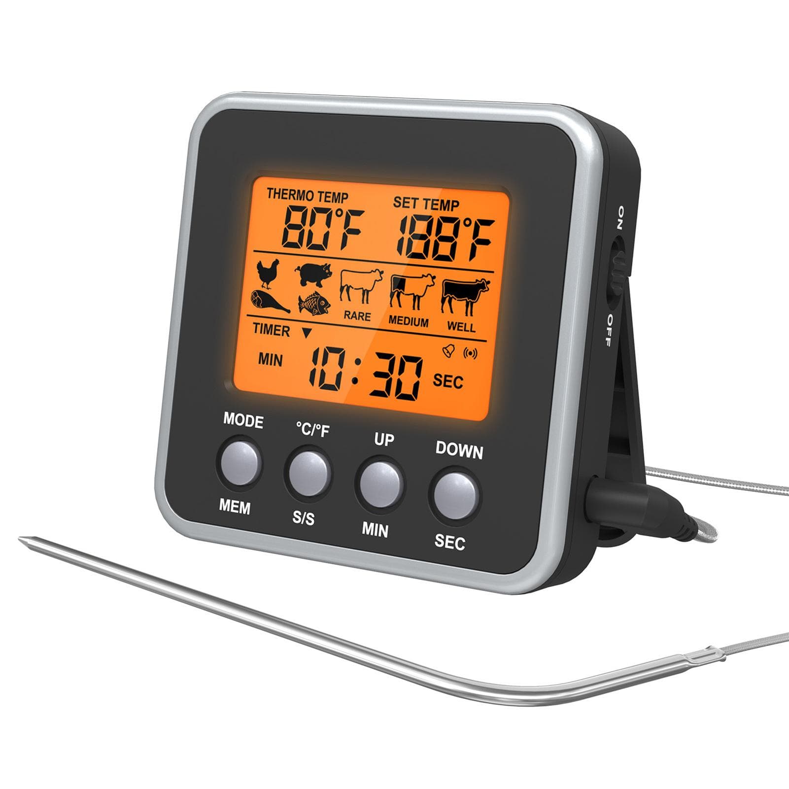Orange Backlit LCD Digital Food Temperature Gauge Cooking Meat Thermometer with Temperature Probe, black