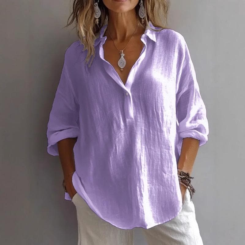 Spring Summer Solid Color Casual Loose Long Sleeved Linen V-neck Shirt for Women Blouses Shirt XXL purple
