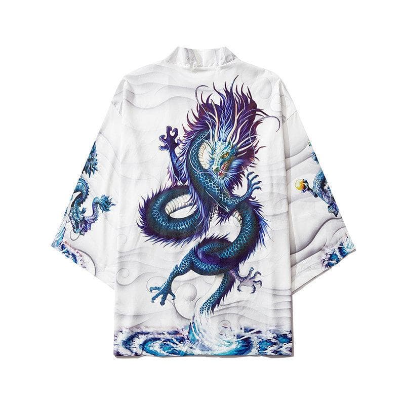 Traditional Samurai Kimono Men Japanese Anime Dragon Print Cosplay Haori Female Cardigan Yukata Shirt Summer Robe XL blue/white