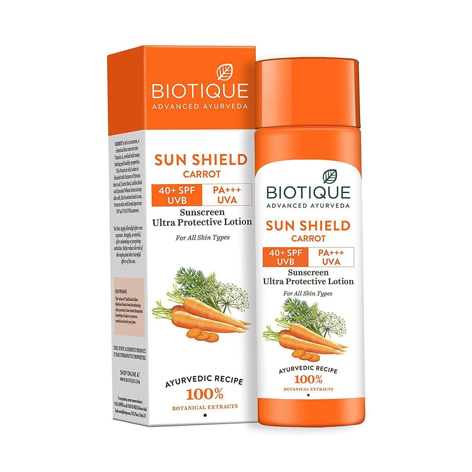 Carrot Sun Lotion 40+ SPF (190 ml), Sun Shield Carrot 40+ SPF Sunscreen Ultra Protective Lotion, Biotique 190 ml