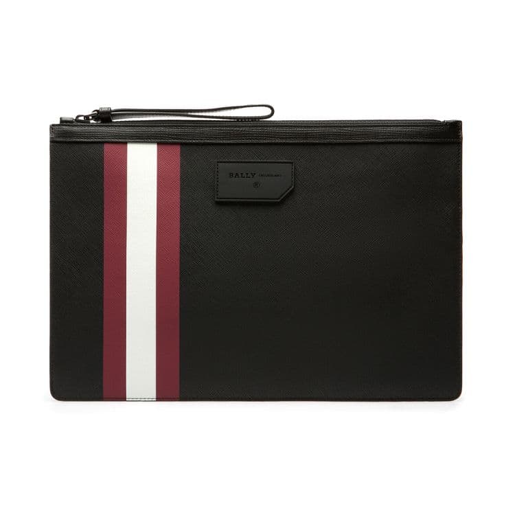 Bally Bollis Classic Red And White Striped Business Zipper Logo Leather Wallet Clutch Men wallets Black 6224351 Basic Set (Bag+Dust Bag)