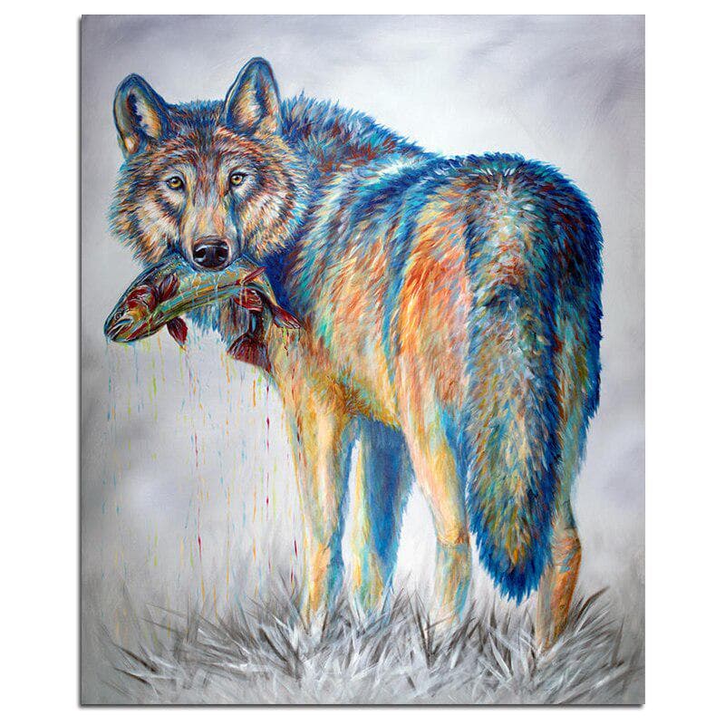 A Wolf Bitting a Fish 5D DIY Diamond Painting Animal Wolf Diamond Embroidery 20X30CM