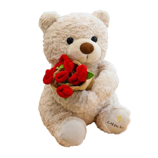 Rose Bear Plush Toy Cute Teddy Bear Holding Flower Bouquet Soft Stuffed Animal Gift for Valentine's Day 30cm beige