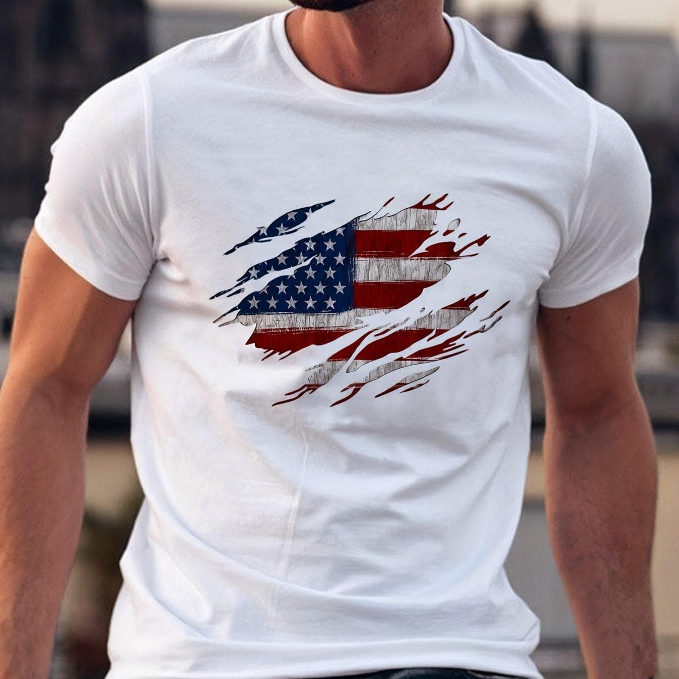 Cotton Tee Men's Summer Casual Loose Size 100% Cotton Trendy American Flag Pattern Print Round Neck Short Sleeve T-shirt Top S