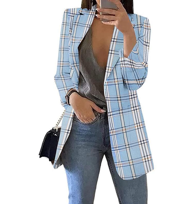 Women's Spring and Autumn Checkered Casual Blazer Slim Lapel Commuter Jacket M light blue