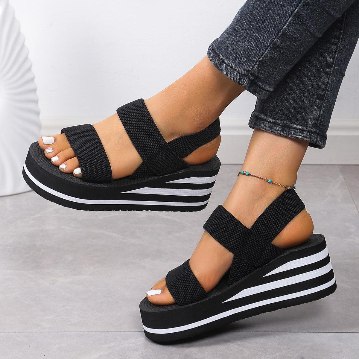 Women's Black & White Roman-Style Sandals with Thick Sole, Faux Hemp Rope Design, Perfect for Summer Style 42