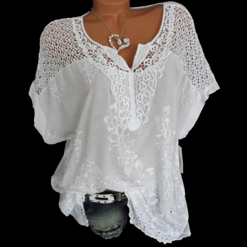 Fashion Women Lace V-Neck Embroidery Short Sleeve Bat Shirt Shirt Women Loose Fashion M white