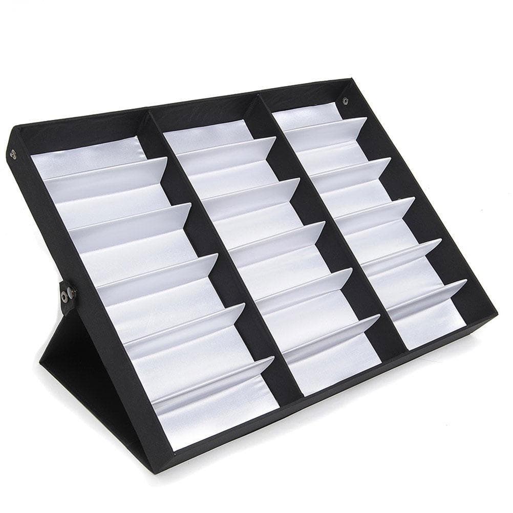18 Grids PU Leather Eyeglass Glass Display Storage Cases Folding Cover Sunglasses Box Organizer white