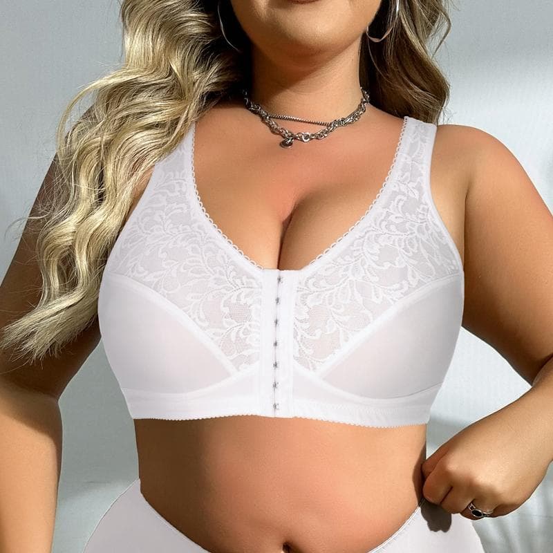 Women Plus Size Bra Full Coverage Lace Lingerie Wireless Front Closure Bras Comfortable Underwear for Mother 0Xl-5Xl Vests Tops 4XL white