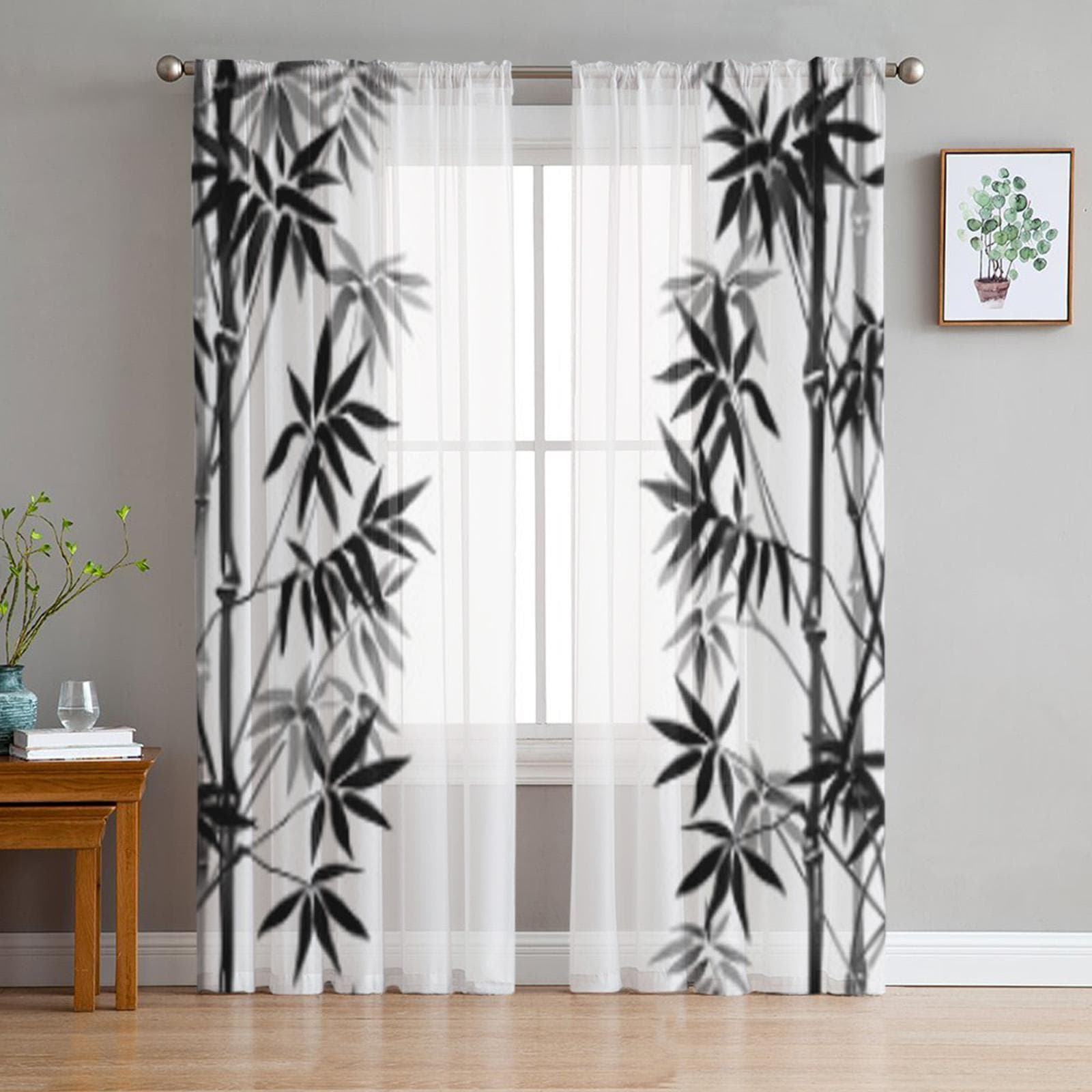 Bamboo Black And White Tulle Sheer Curtains for Living Room the Room Bedroom Kitchen Decoration Voile Organza Curtains 135W x 114H(cm)