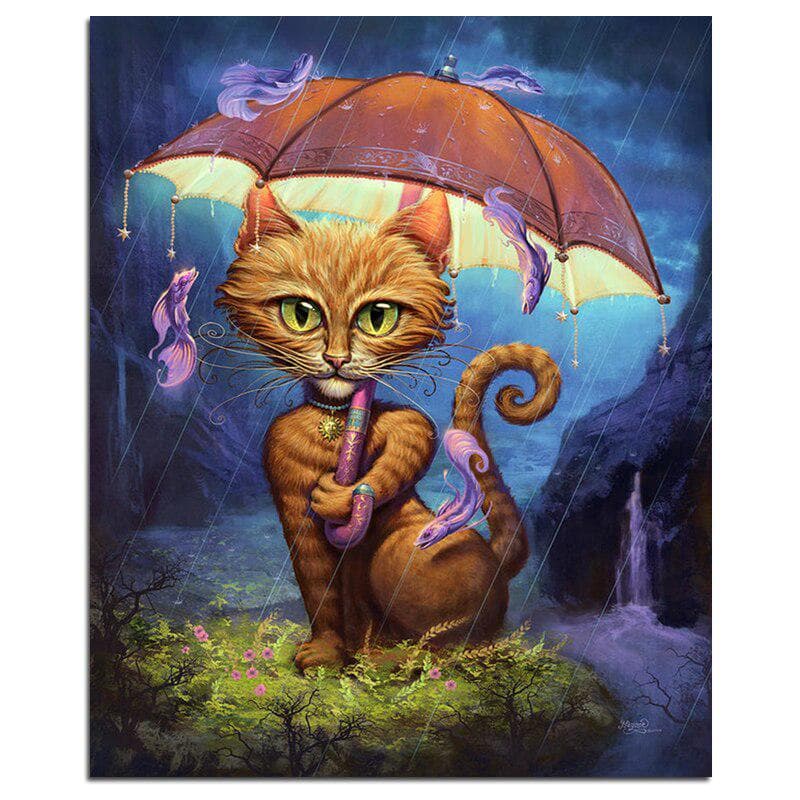 Cat With Umbrella 5D DIY Diamond Painting Animal Full Round Diamond Embroidery 20X30CM