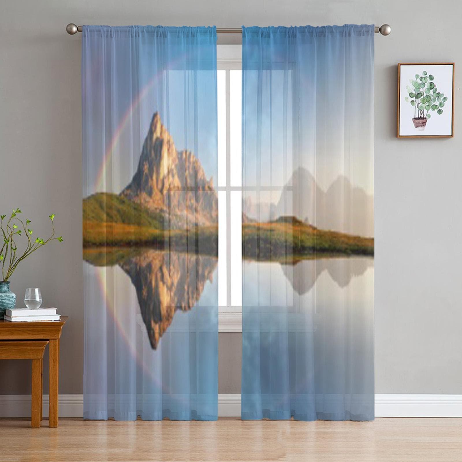 Rainbow Over Mountain Lake Sheer Curtain For Living Room Bedroom Voile Curtains For Window Organza Curtains Party Tulle Drapes 135W x 114H(cm)