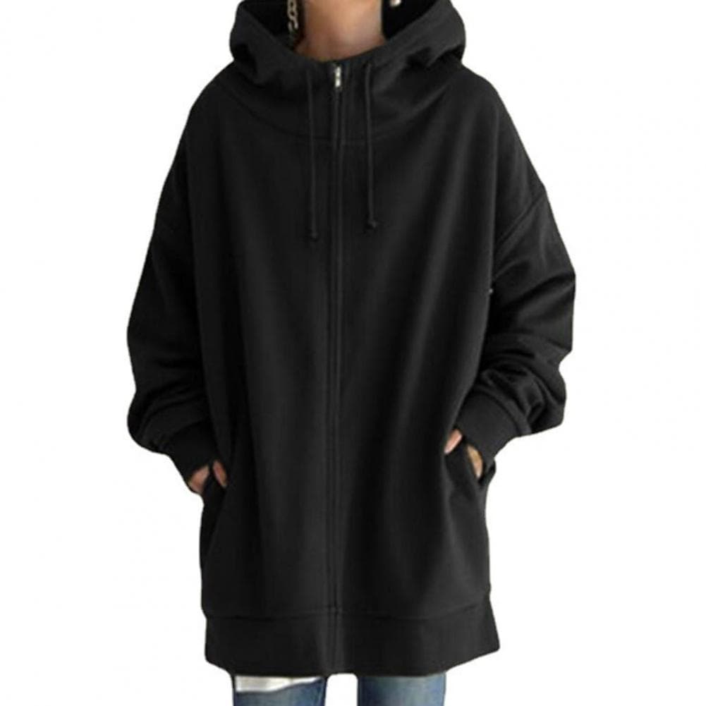 Womens Zip Up Long Hoodie Jacket with Drawstring Tunic Sweatshirt Solid Color Open Front Cardigan Autumn Winter Hooded Pullover XXXL black