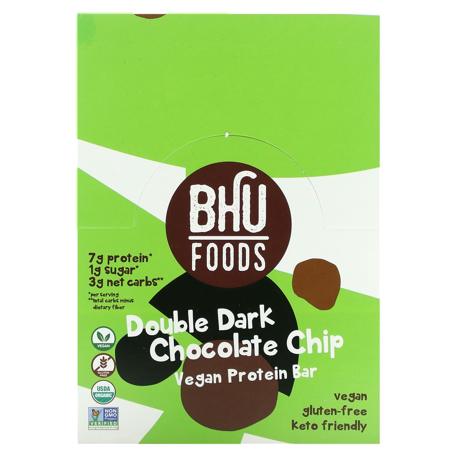BHU Foods, Vegan Protein Bar, Double Dark Chocolate Chip, 12 bars, 1.6 oz (45 g) each