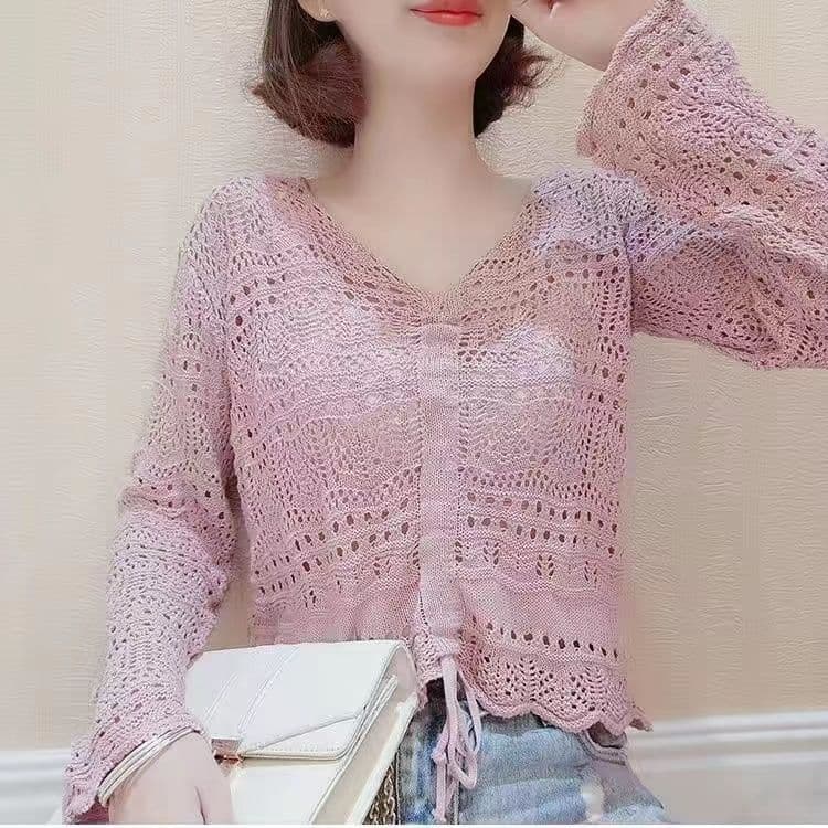 Hollow V-neck Long Sleeved Knitted Sweater for Women In Spring and Summer Thin and Loose Design Drawstring Sun Protection Top 2XL