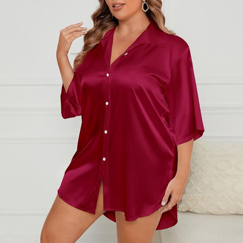 Plus Size Ice Silk Nightdress Women's Summer Loose Lapel Sleepshirts Comfortable Half Sleeve Button Shirt Dress Sexy Sleepwear 5XL