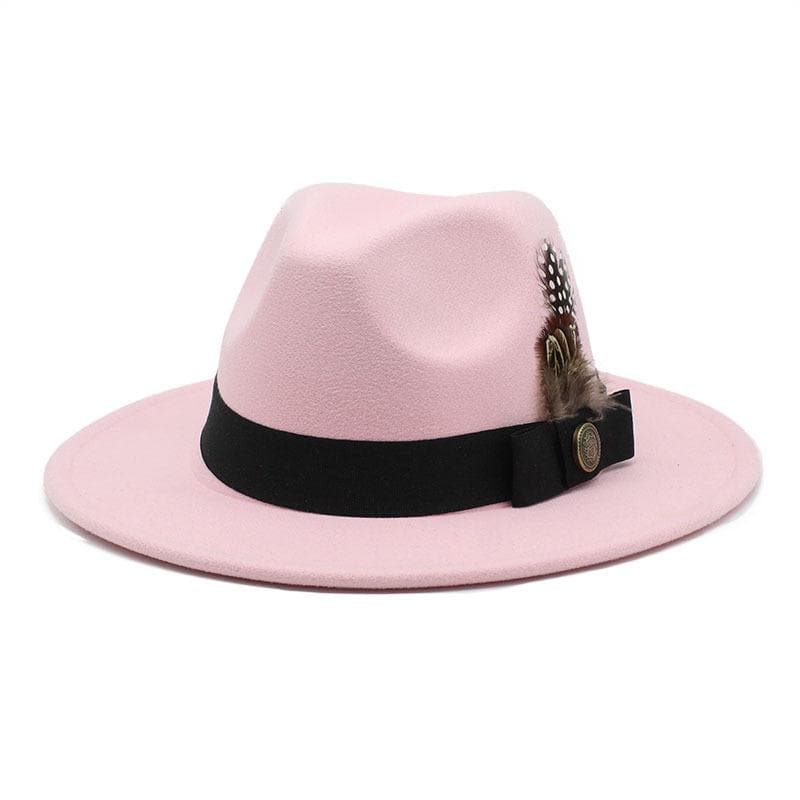 White Woolen Gentleman Classic British Jazz Feather Top Hat Wide Brim Party Church Wedding Fedora Hats Men Women Panama Felt Cap M 56-58cm pink