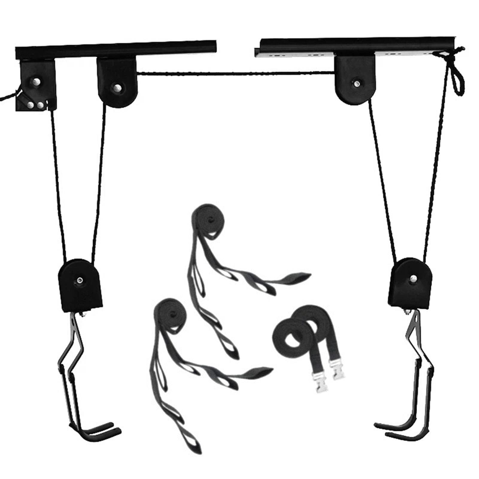 Bicycle Hoist Garage Storage Bike Lift Pulley System with 60kg Bearing Overhead Bike Rack Heavy 1 hanger and 2 Multifunctional lanyard