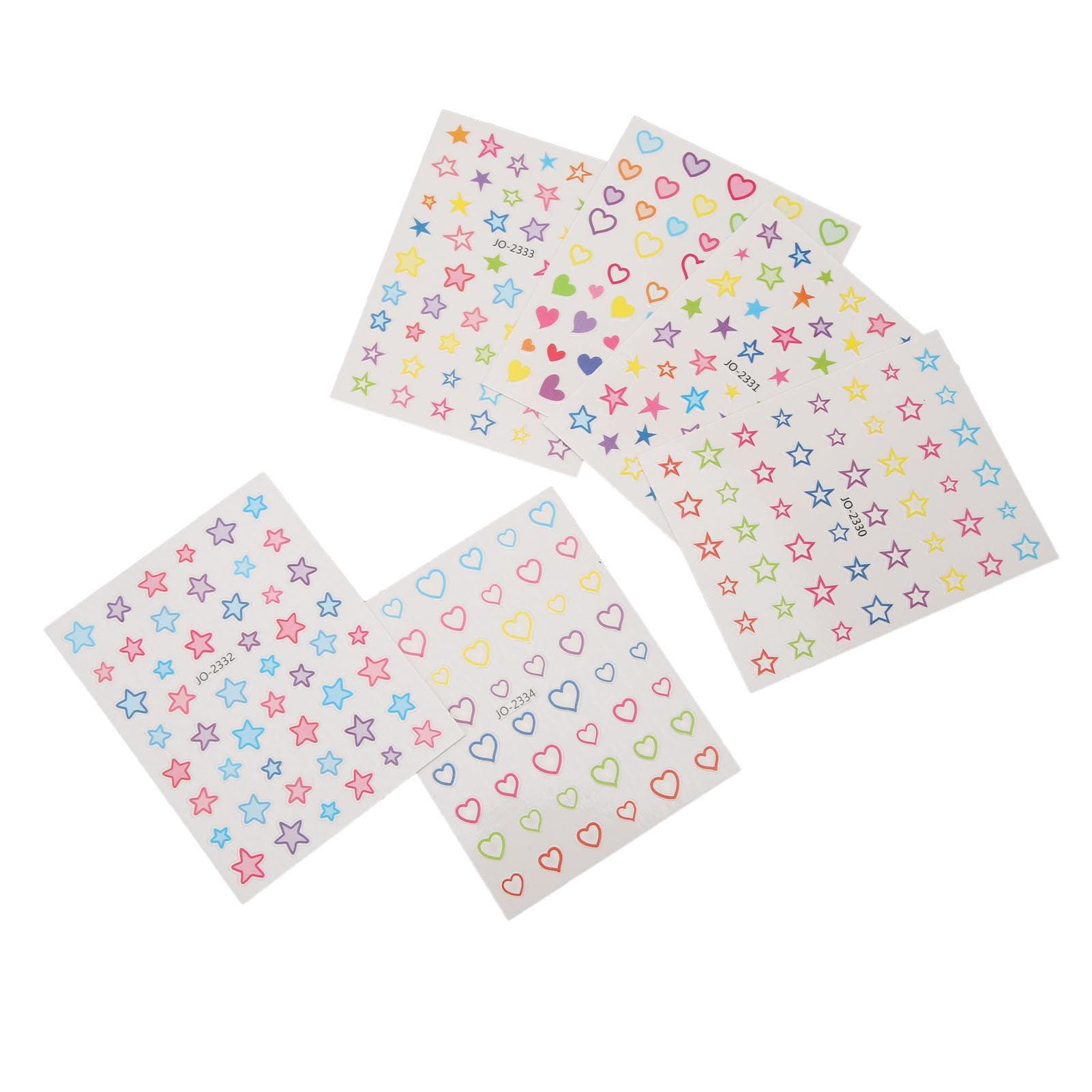 6 Sheets Star Heart Nail Stickers Self Adhesive Mix Color Different Patterns Manicure Decals