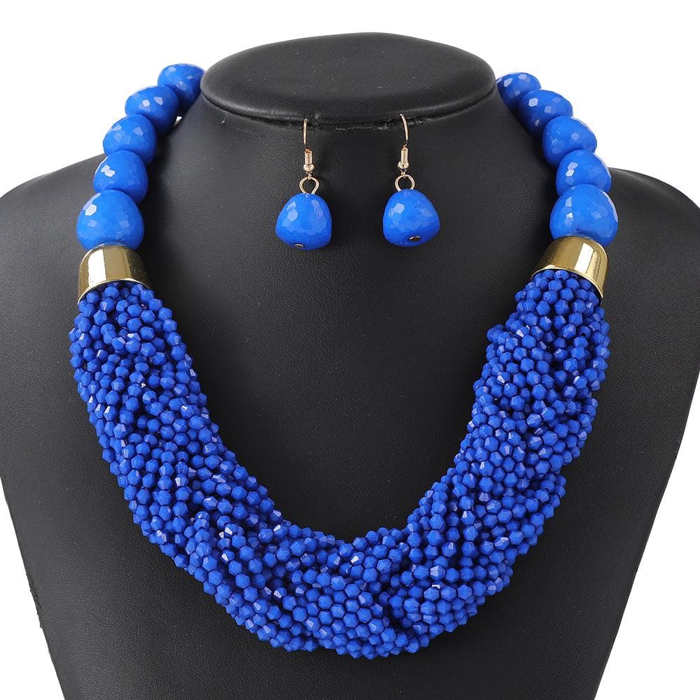 Bohemian Multi-Layer Beaded Necklace Set: Cross Weave & Retro Ethnic Style for Women royal blue