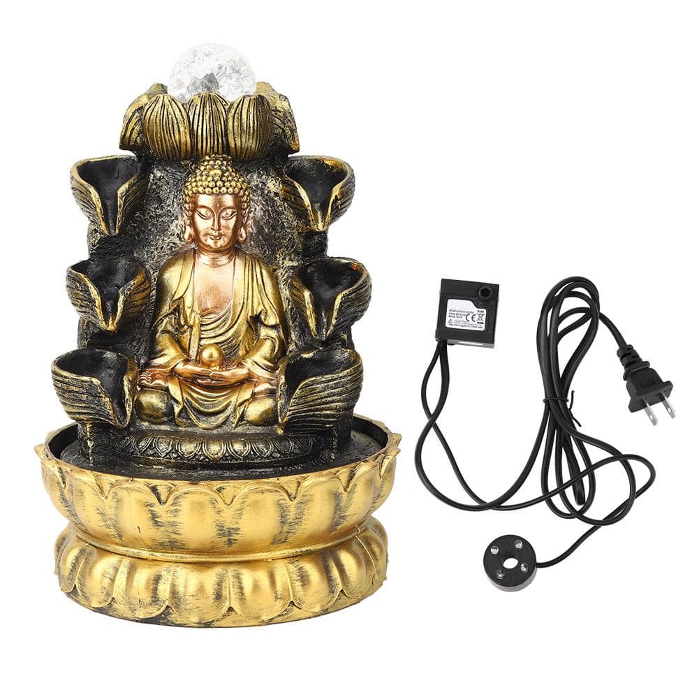 Desktop Fountain Decoration Buddha Flowing Water Ornament with Light and Ball Decor for HomeUS Plug