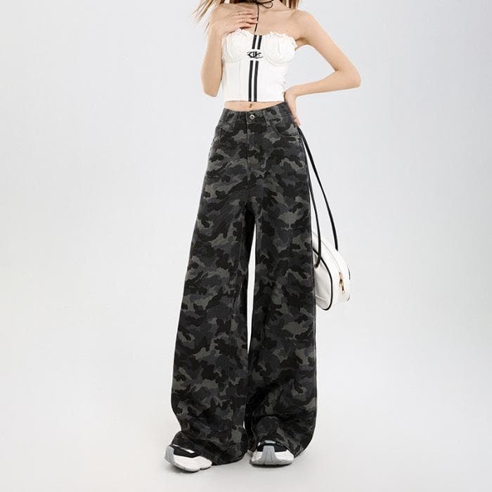High-waist American Loose Wide-leg Jeans Women Wide-leg Trousers Women Casual Pants Women Camouflage Pants 2XL
