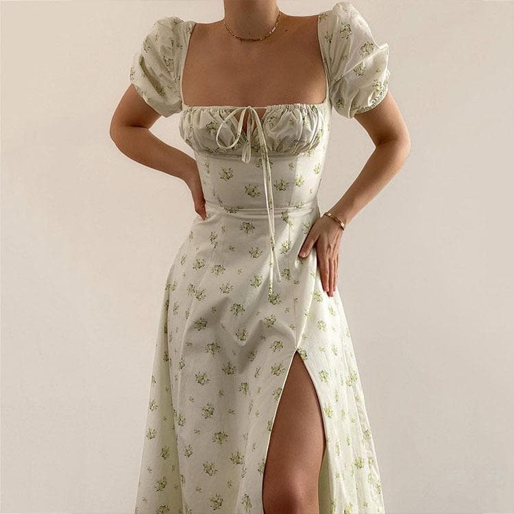 New Spring Women's Clothing Elegant and Sexy Square Collar Lace-up Floral Slit Dress XL