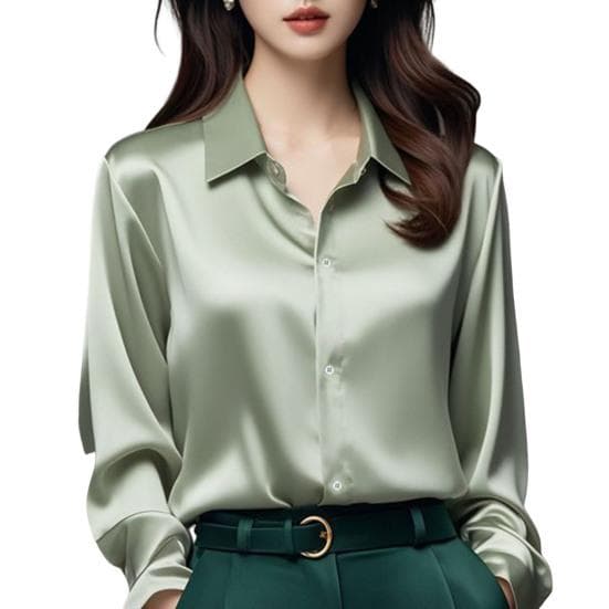 Women Shirt Solid Color Smooth Satin Long Sleeve Lapel Casual Tops Single Breasted L light green