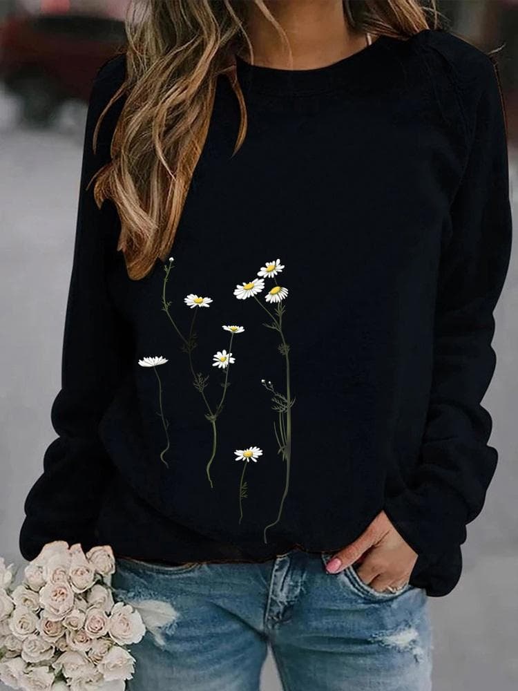 Women Winter Clothing Floral Printed Casual Sweatshirt Long Sleeve Tops T-shirt Ladies Round Neck Pullover Sweater XS black