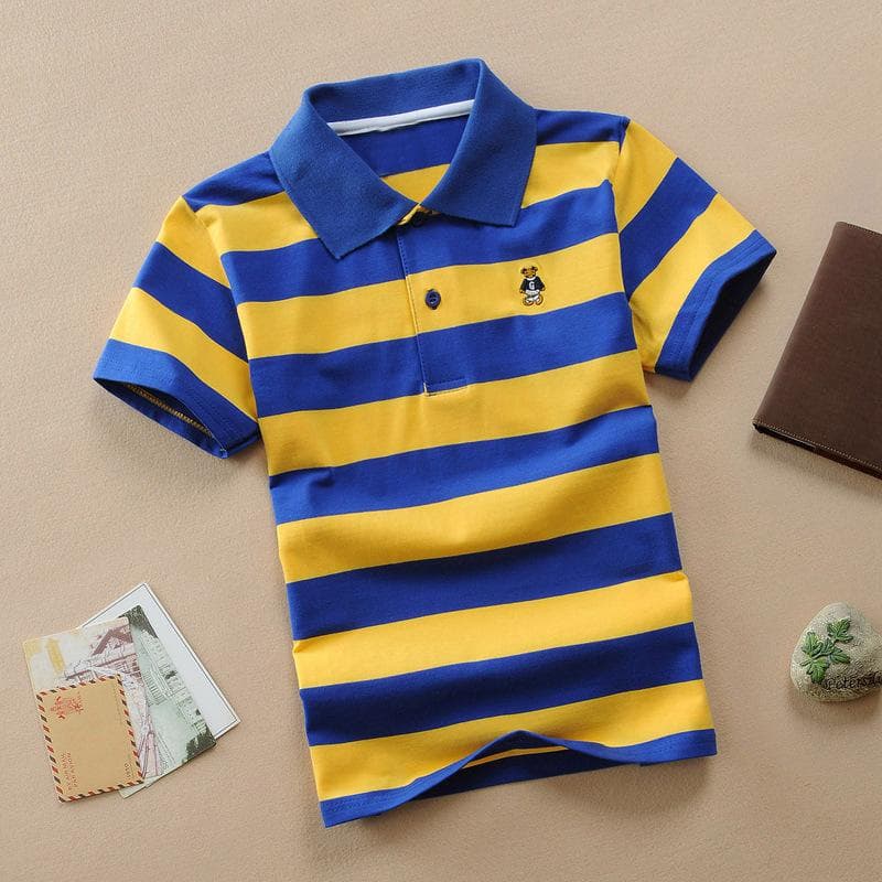 Boys' Short-sleeved T-shirt Polo Shirt Pure Cotton 1-12 Years Old Shirt Medium and Large Children's Striped Lapel Cotton T-shirt Summer 140cm