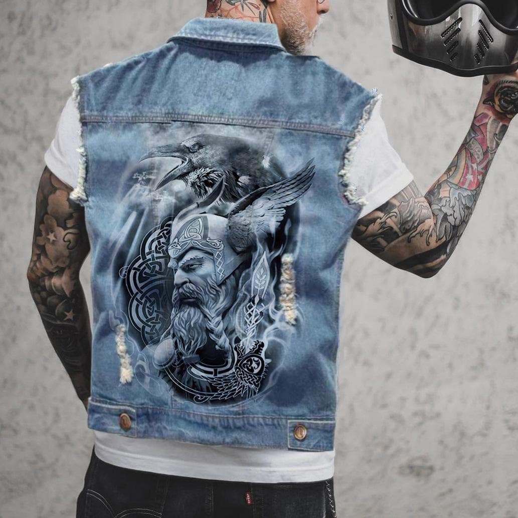 2578 * Men's Vest With Holes In Seasonal Motorcycle Denim Printed Vest 4XL light blue