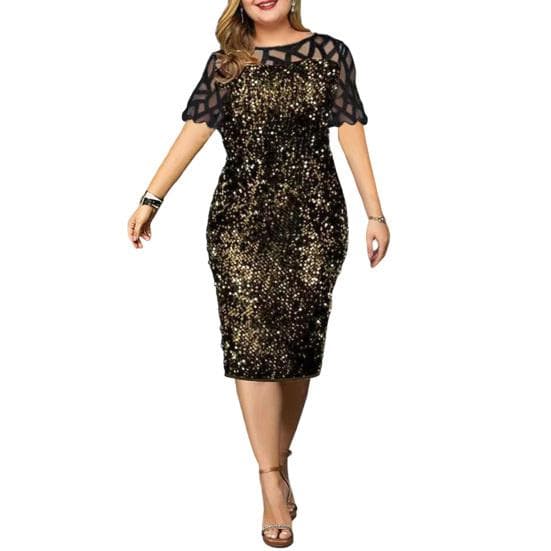 Women O Neck 3/4 Sleeve Sheer Patchwork Shiny Sequins Bodycon Knee-length Dress M black/golden