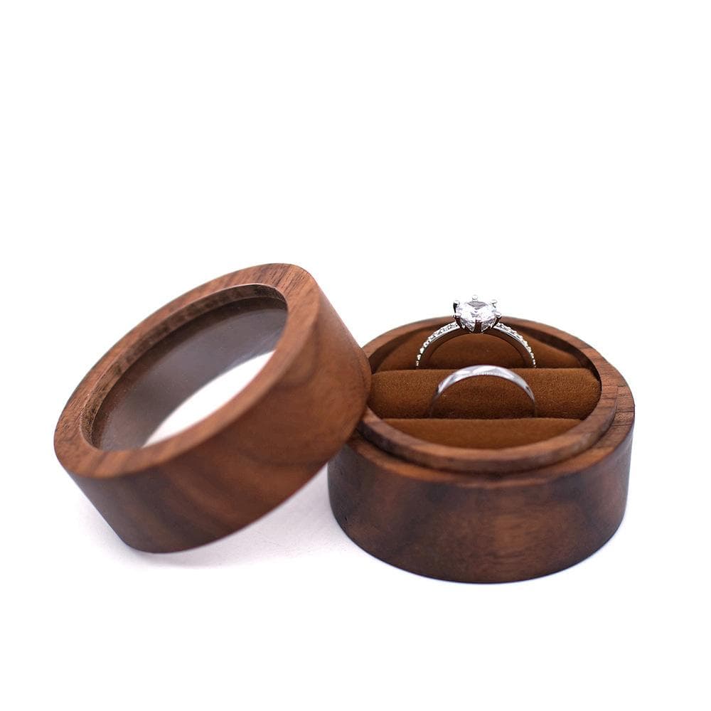 Personalized Wooden Wedding Ring Box with Clear Round Engagement Proposal Holder Double Ring Bearer Box ceremony coffee