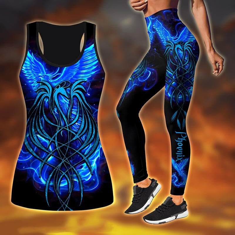 Phoenix Print Yoga Outfit for Women Fashion 3D Printed Workout Leggings Fitness Sports High Waist Casual Yoga Pants 2XL blue