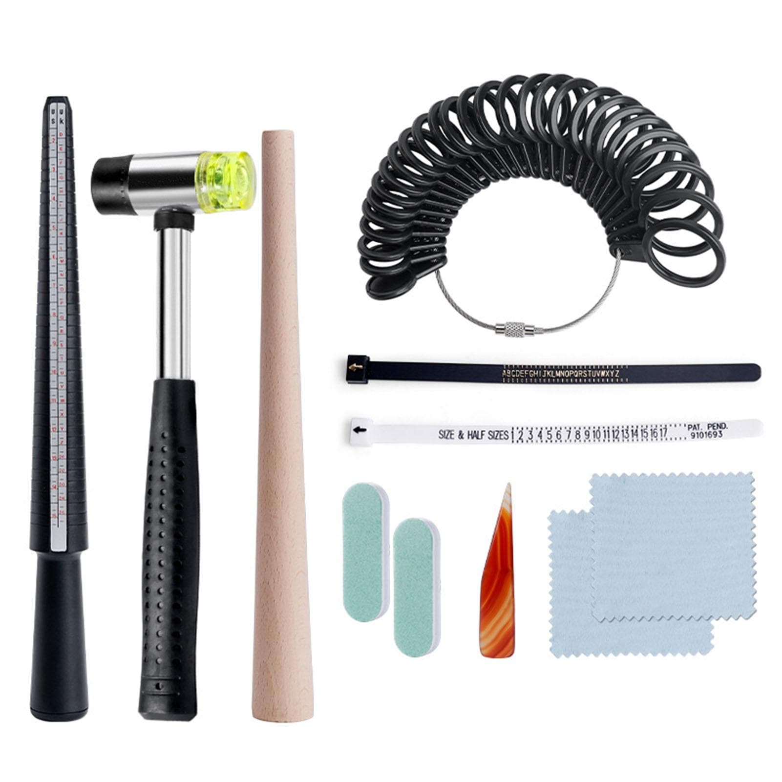 11 Pcs Universal Ring Sizer Measuring Tool Set Ring Polishing Ring Rod Rubber Hammer Finger Size