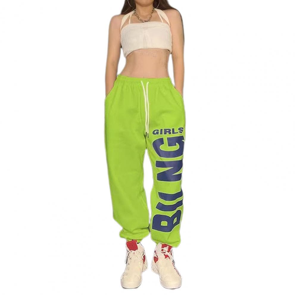 Women Sport Pants Solid Color Letter Print Wide Leg Sweatpants Elastic Waist Adjustable Drawstring Hip Hop Style Dance Pants M fluorescent green