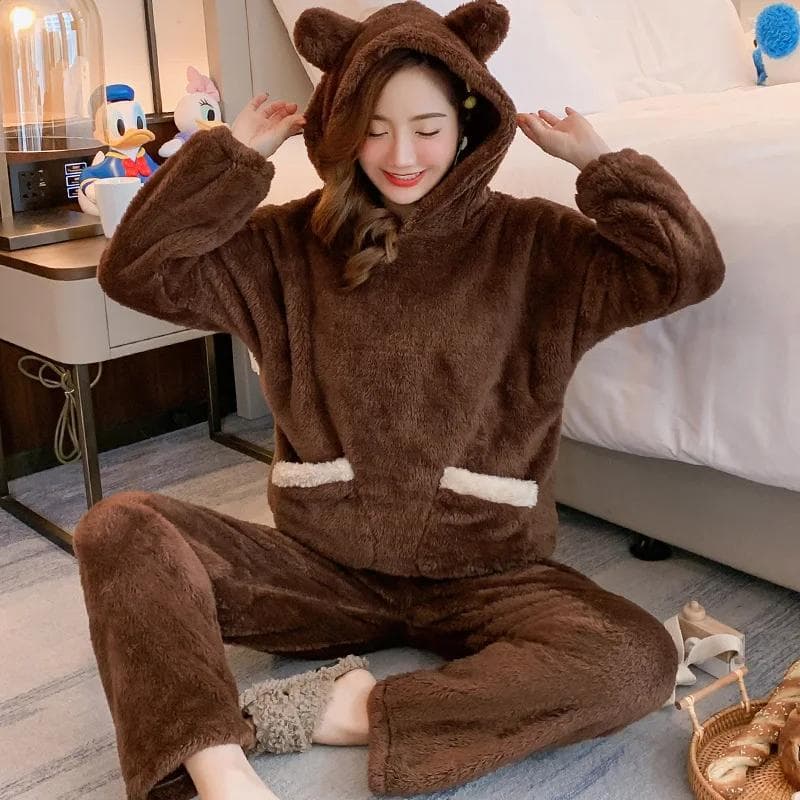 Thickened Warm Flannel Fall and Winter Women Cartoon Plush Hooded Bear Sleepwear Loungewear Two-Piece Solid Nightwear Homewear M brown