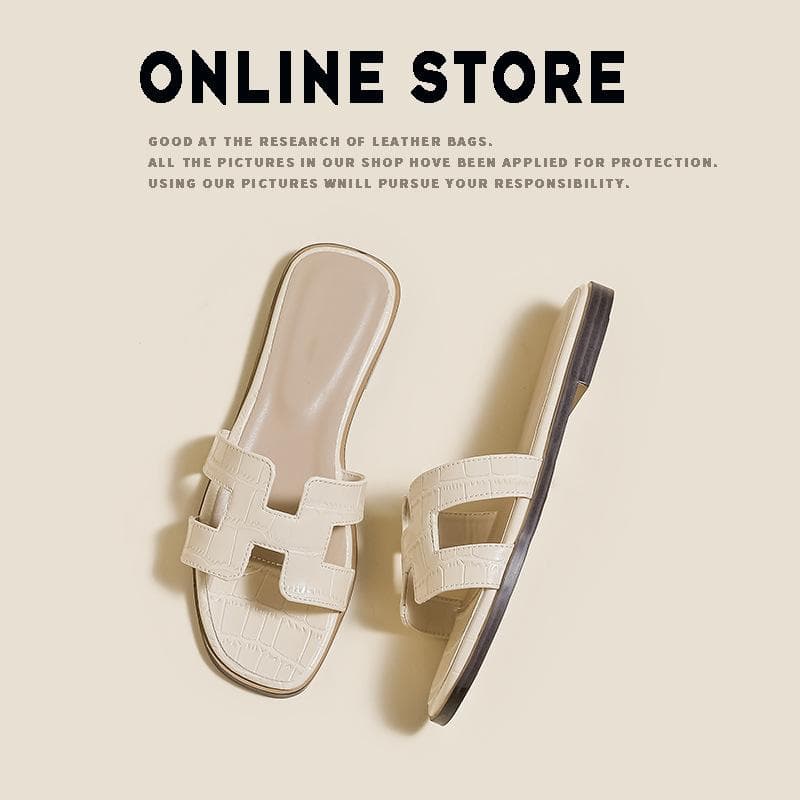 [Spot second hair] Sandals women's summer shoes fashionable beach flat bottom one-word ins tide white slippers women wear. 34 cream