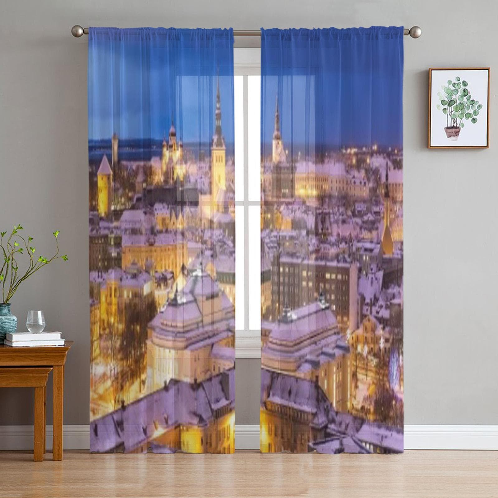 Winter Night Aerial Scenery Of The Old Town In Tallinn Sheer Curtains Living Room Tulle Window Curtain Bedroom Kitchen Drapes 135W x 114H(cm)