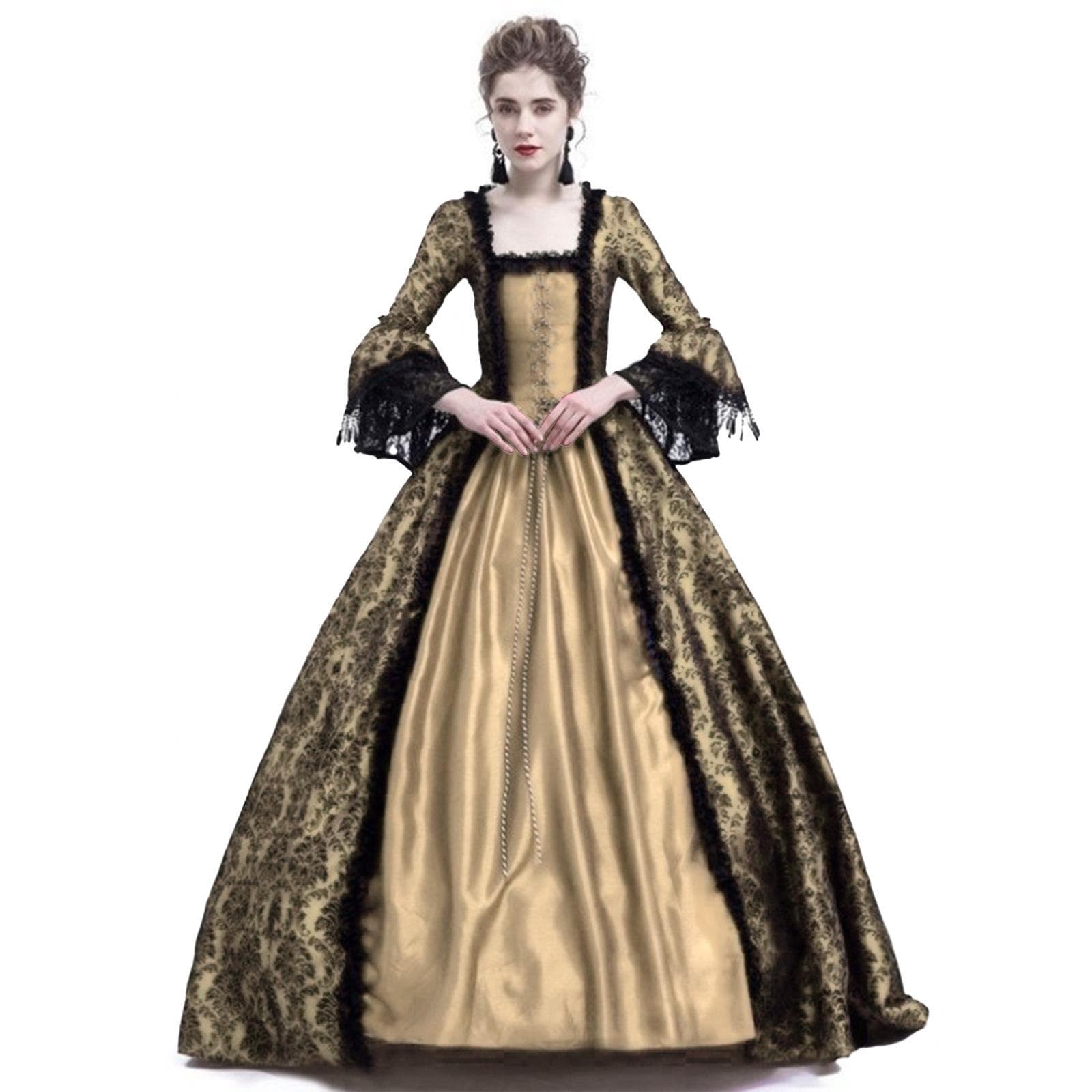 Medieval Palace Princess Cosplay Dress Adults Vintage Evening Gown Women Lace Renaissance Party Halloween M gold