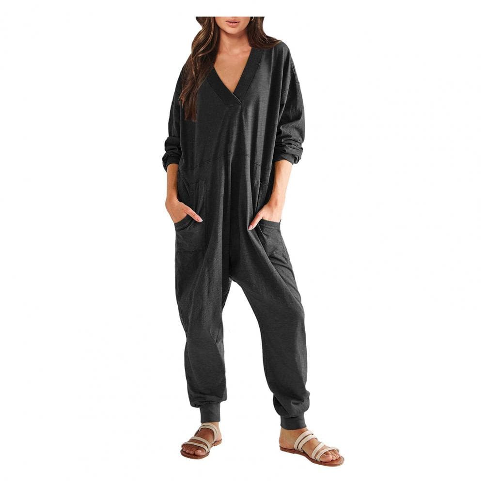 Women Fall Winter Jumpsuit V Neck Long Sleeve Loose Oversized Solid Color Pockets Deep Crotch Baggy Ankle-banded Soft Lady Pajam XXL black
