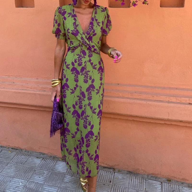 Spring Women's Clothing Fashion Contrasting Color Printing Long Dress Elegant Slim V-neck Short-sleeved Dress 3XL