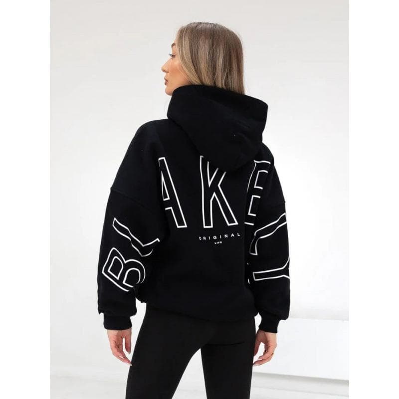 BLAKELY New Fashion Women's Printed Thickened Long Sleeve Loose Hooded Hip Hop Sweater Daily Home Top Black L
