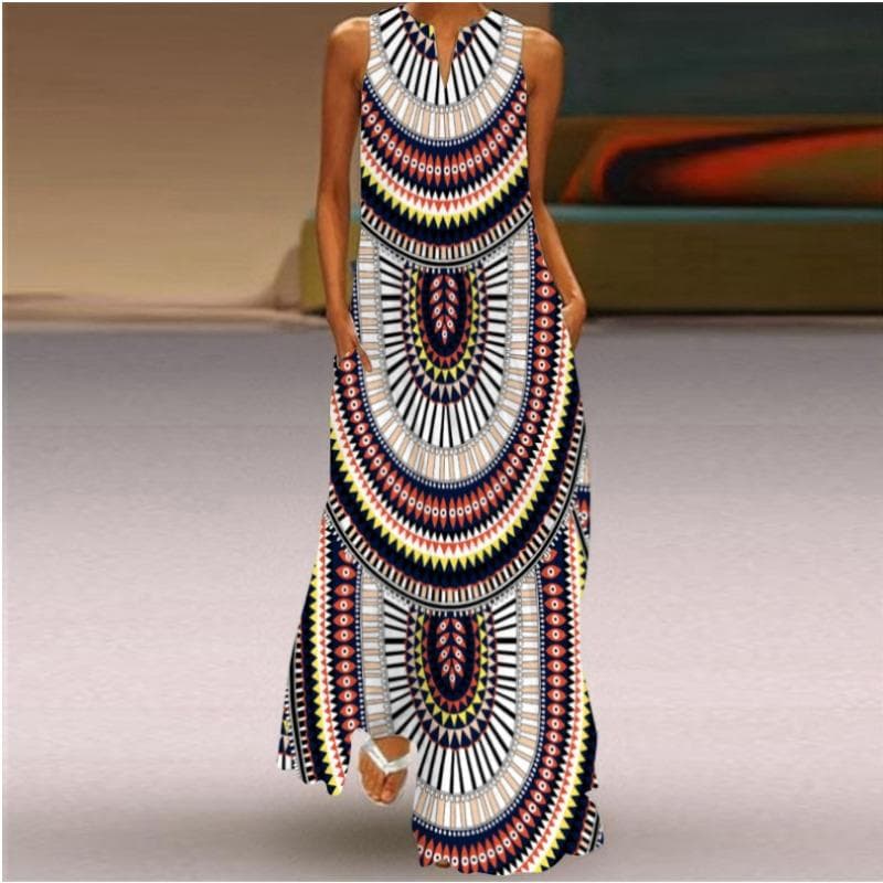 Summer Women's Dress Sleeveless Dress V-neck Print Dress M
